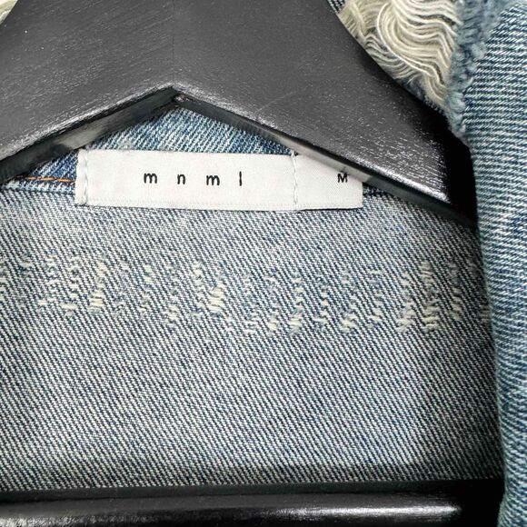 mnml Men's Blue Denim Distressed Star Patch Button Front Jacket Size Medium - Picture 3 of 4